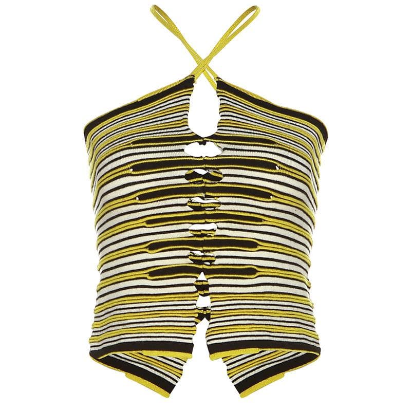 Striped Knit Strappy Cami Top with Cutout Details
