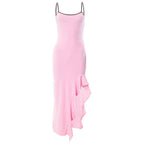 Scoop-Neck Strappy Ruffled Maxi Dress with an Open Back