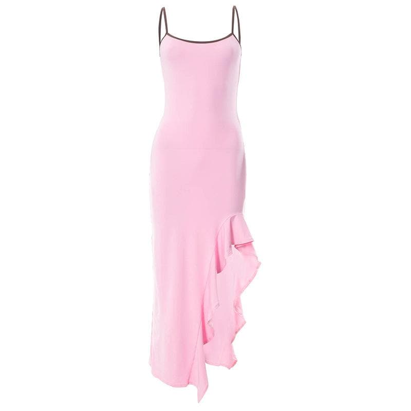 Scoop-Neck Strappy Ruffled Maxi Dress with an Open Back