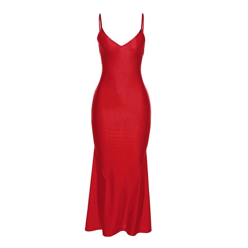 V-Neck Strappy Open-Back Maxi Dress with Ruched Details