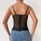 Sweetheart-Neck Lace Corset-Style Cami Top with Embroidery