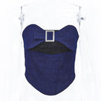 Denim Strapless Open-Back Top with Panel Details