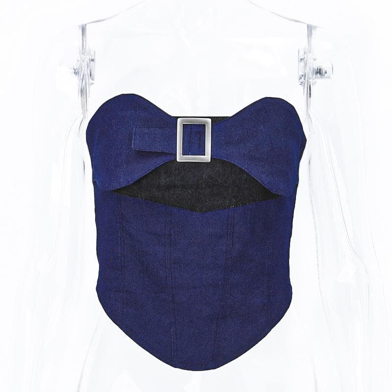 Denim Strapless Open-Back Top with Panel Details