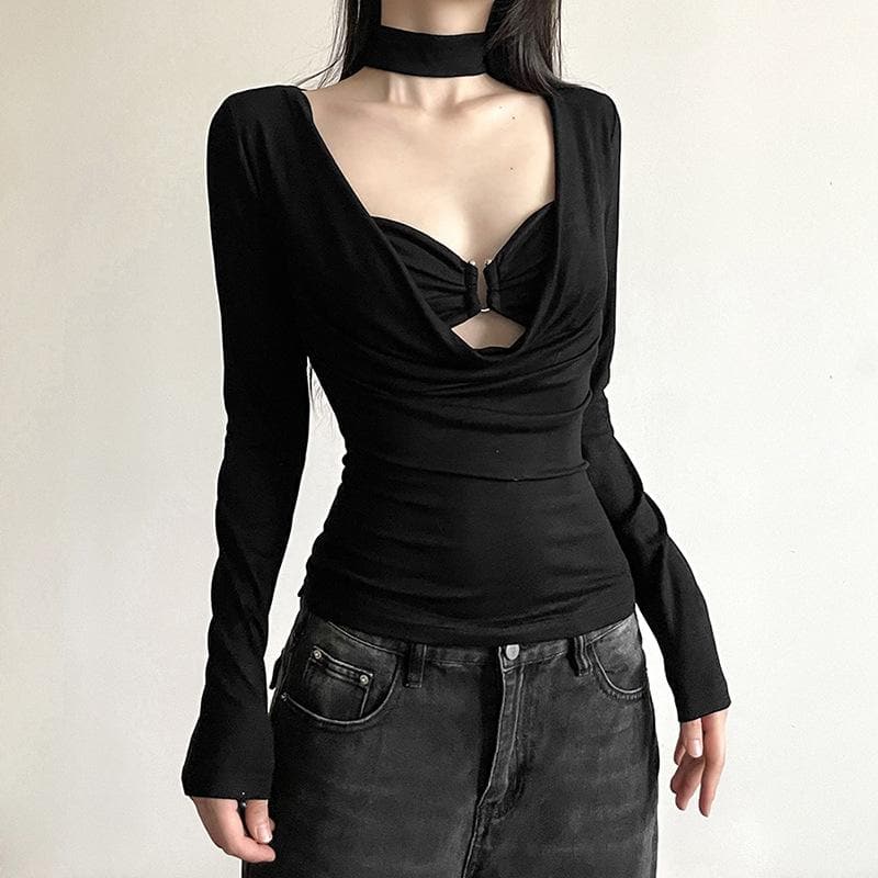 Cowl-Neck Strappy Long-Sleeve Two-Piece Set with Ruched Details
