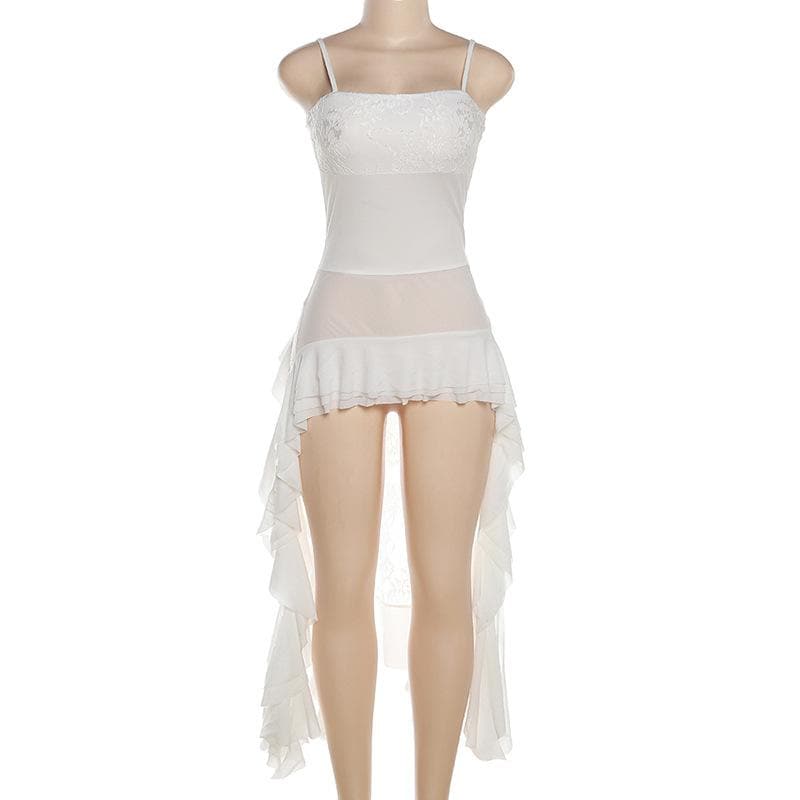 Square-Neck Lace Strappy Mini Dress with Panel Details