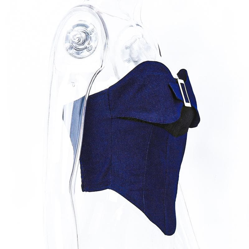 Denim Strapless Open-Back Top with Panel Details