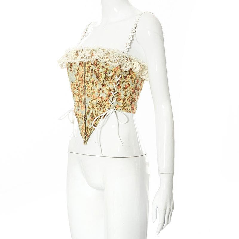 Floral Lace Ruffled Corset Top with Lace-Up Details