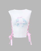 Satin Graphic Top with Lace Details