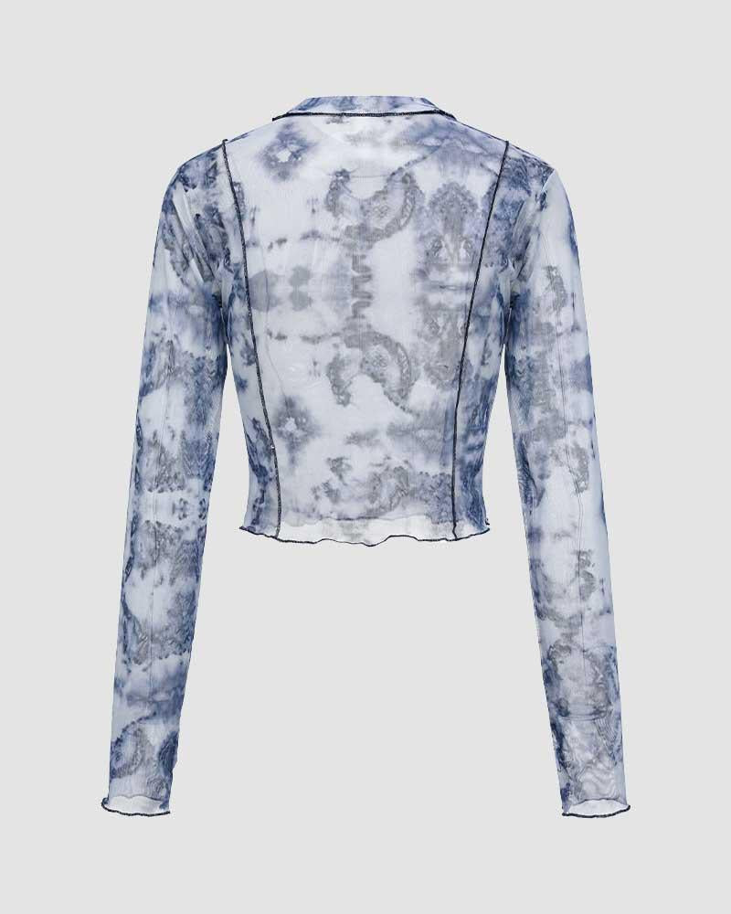 Abstract-Print Mesh Long-Sleeve Top