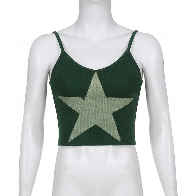 Star-Print Ribbed Strappy Cami Top with a V-Neck