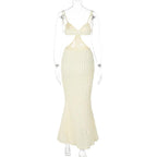 Waffle-Texture Strappy Open-Back Midi Dress with Cutout Details