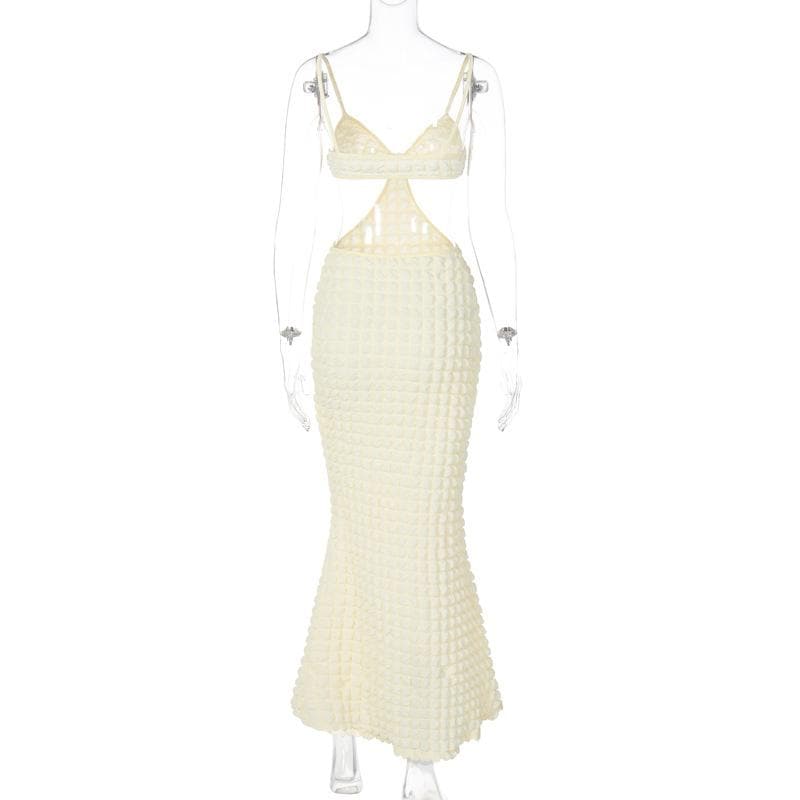 Waffle-Texture Strappy Open-Back Midi Dress with Cutout Details