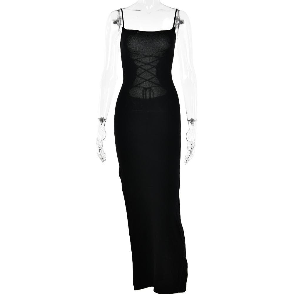 Square-Neck Strappy Open-Back Maxi Dress with a Split Detail