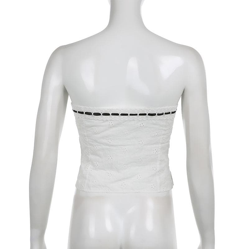 Strapless Open-Back Contrast-Detail Top with Button Details