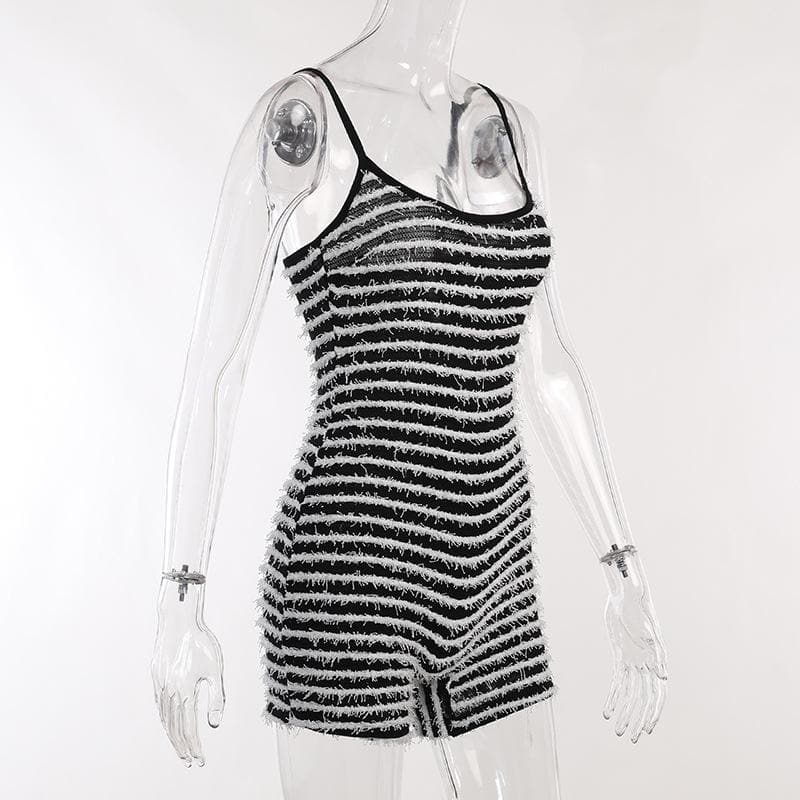 Striped Strappy Contrast-Detail Romper with an Open Back