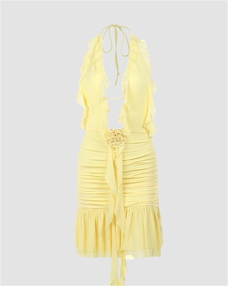 Halterneck Ruffled Short-Sleeve Dress