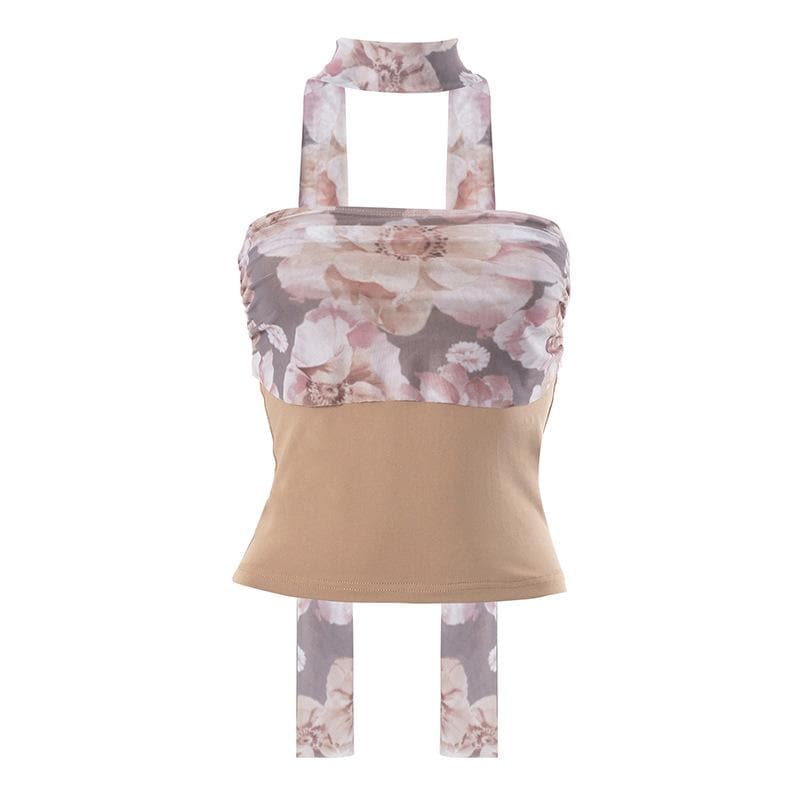 Floral Strapless Open-Back Top with Panel Details