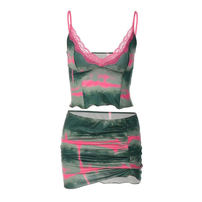 Tie-Dye Lace Strappy Top & Skirt Set with a V-Neck