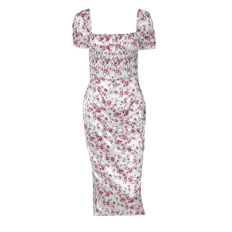 Floral Square-Neck Satin Midi Dress