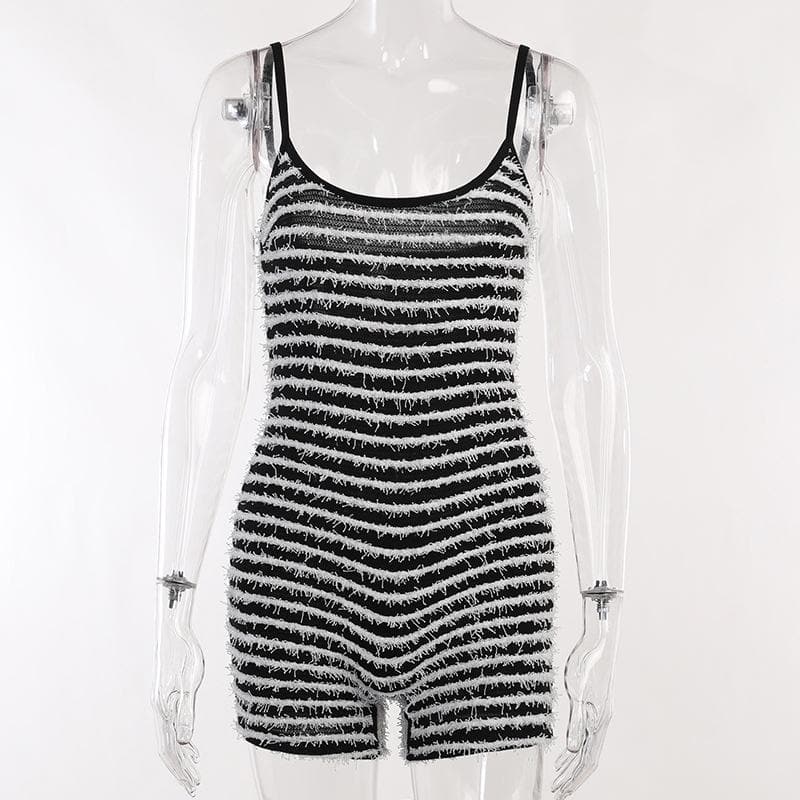 Striped Strappy Contrast-Detail Romper with an Open Back