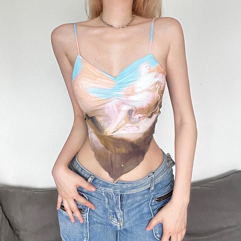 Abstract-Print Strappy Cropped Cami Top with a V-Neck