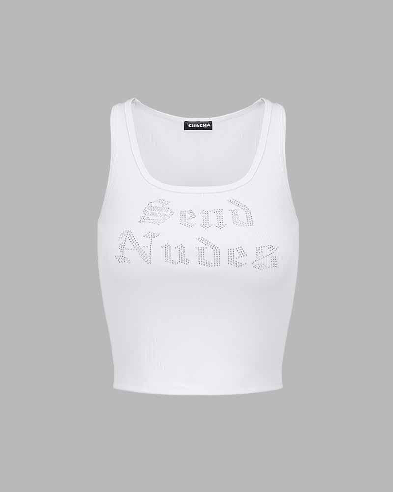 Lettered Strappy Tank Top with Rhinestone Accents