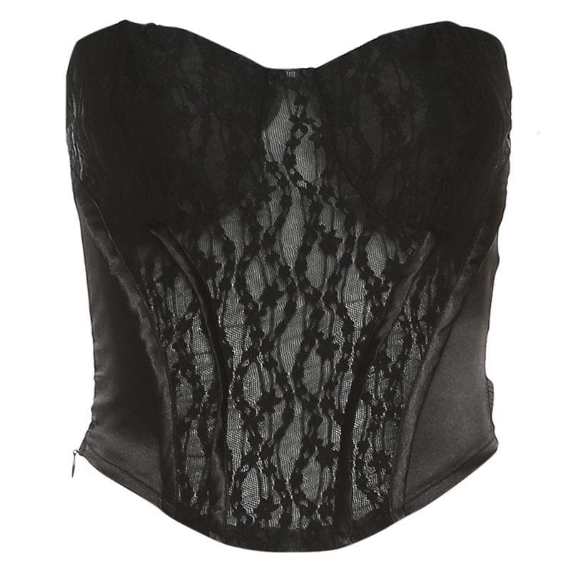 Sweetheart-Neck Strapless Zip-Front Corset Top with Lace Details