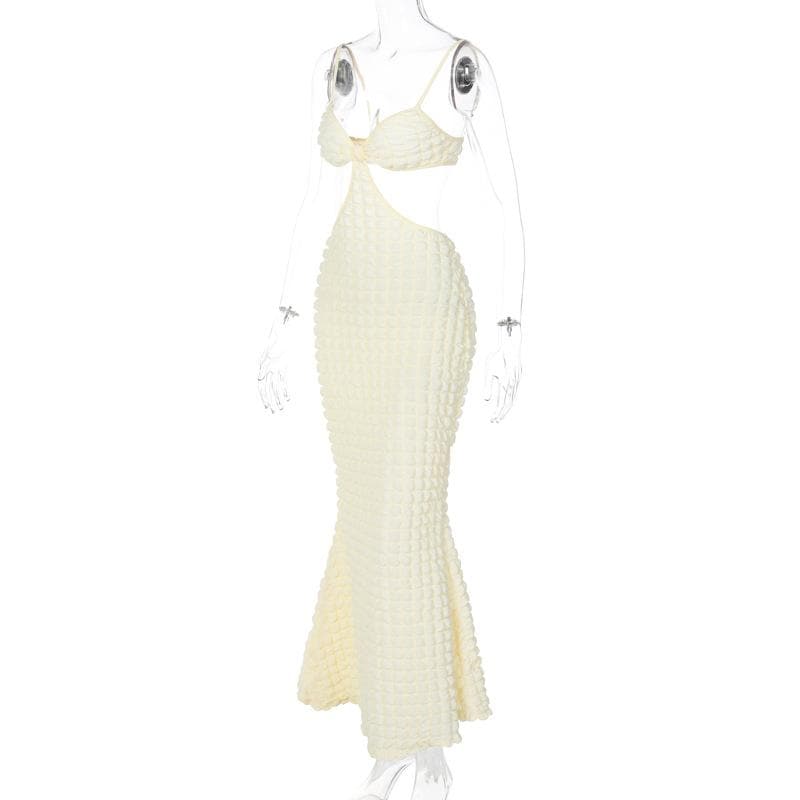 Waffle-Texture Strappy Open-Back Midi Dress with Cutout Details