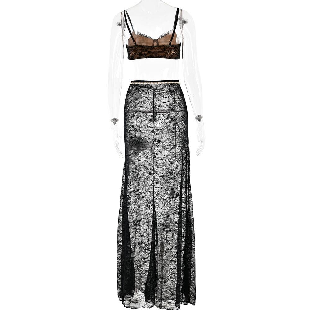 Lace Strappy Sheer Top & Skirt Set with a V-Neck