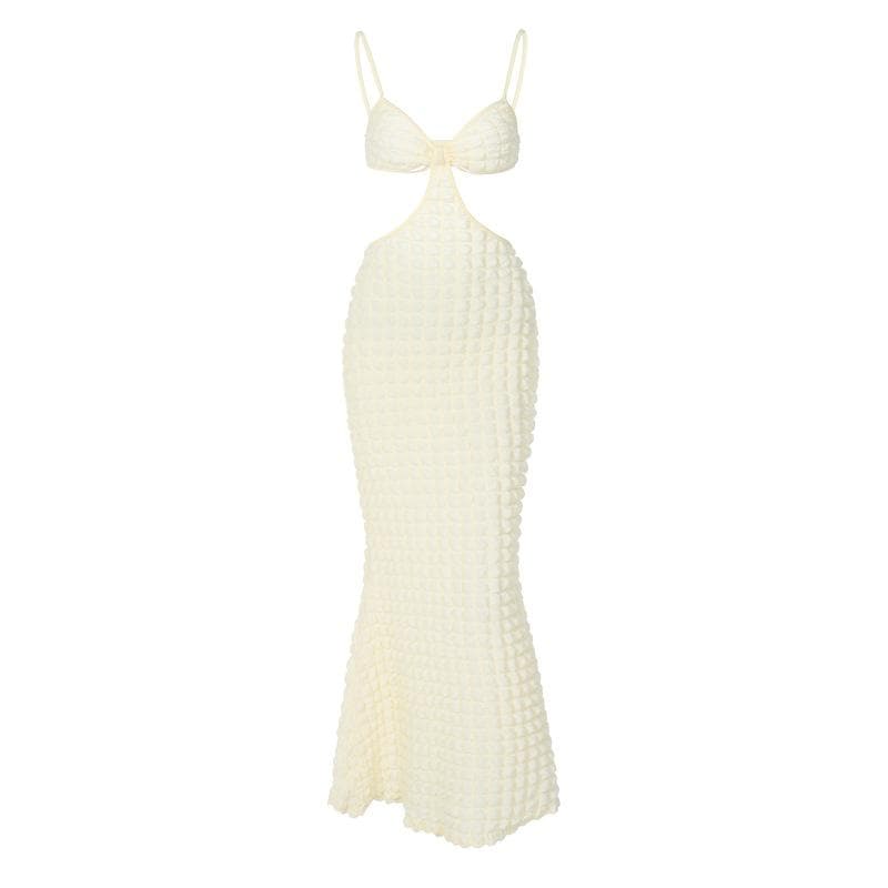 Waffle-Texture Strappy Open-Back Midi Dress with Cutout Details