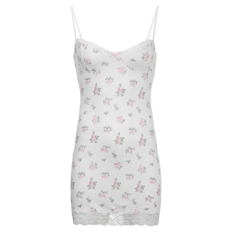 Floral Strappy Open-Back Mini Dress with Lace Details