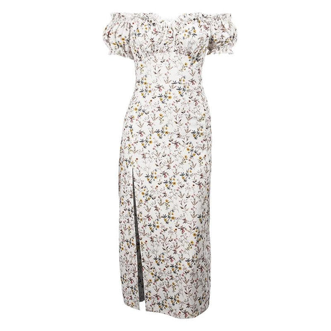 Floral Off-Shoulder Puff-Sleeve Midi Dress with Ruched Details Main image