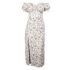 Floral Off-Shoulder Puff-Sleeve Midi Dress with Ruched Details