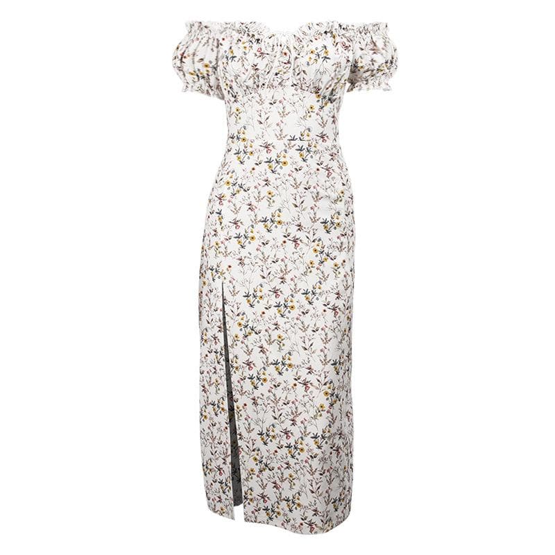 Floral Off-Shoulder Puff-Sleeve Midi Dress with Ruched Details