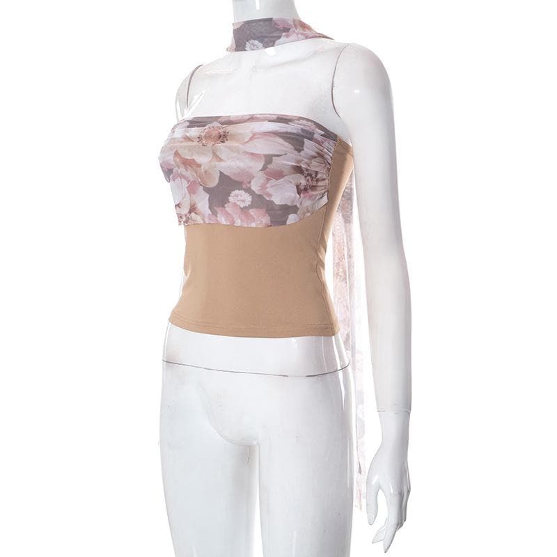 Floral Strapless Open-Back Top with Panel Details
