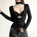 Cowl-Neck Strappy Long-Sleeve Two-Piece Set with Ruched Details