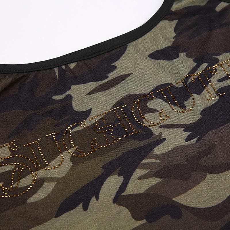 Camo-Print Strappy Cropped Cami Top with a Scoop Neck