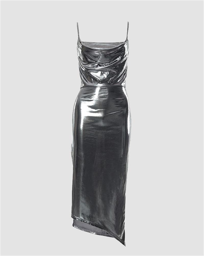 Cowl-Neck Long-Sleeve Maxi Dress with a Split Detail