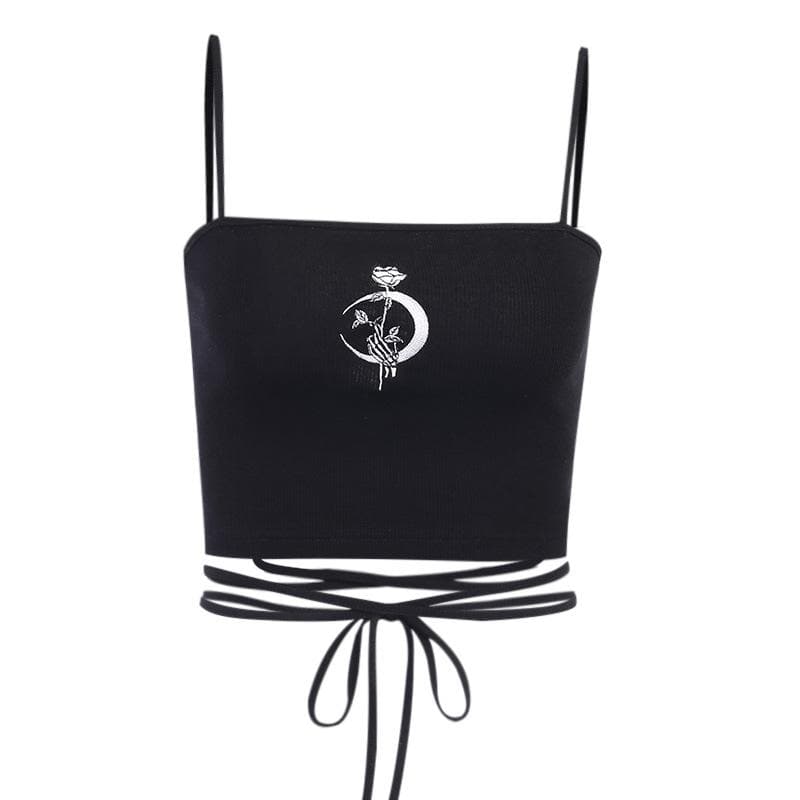 Ribbed Strappy Cropped Cami Top with Embroidery