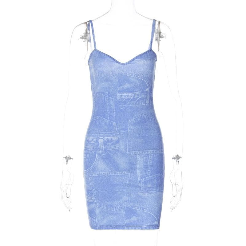 Denim-Print V-Neck Strappy Mini Dress with an Open Back