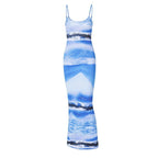 Printed Scoop-Neck Ribbed Maxi Dress with an Open Back