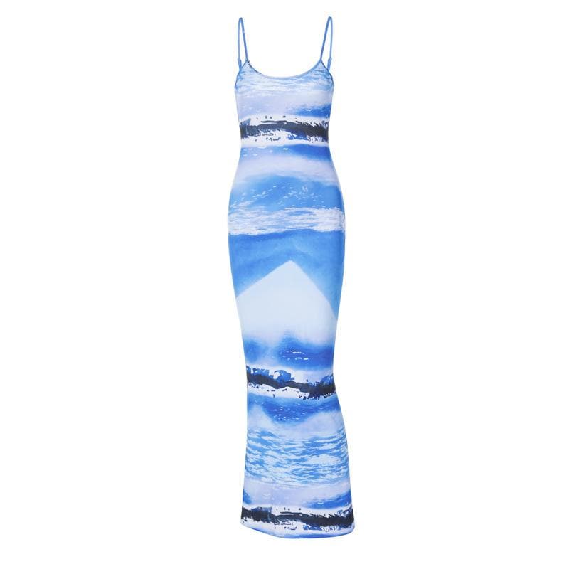 Printed Scoop-Neck Ribbed Maxi Dress with an Open Back