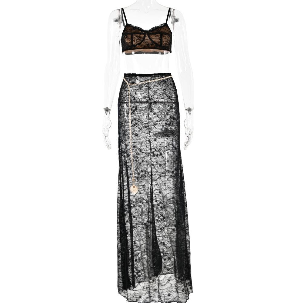 Lace Strappy Sheer Top & Skirt Set with a V-Neck