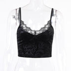 V-Neck Velvet Strappy Cami Top with Lace Details