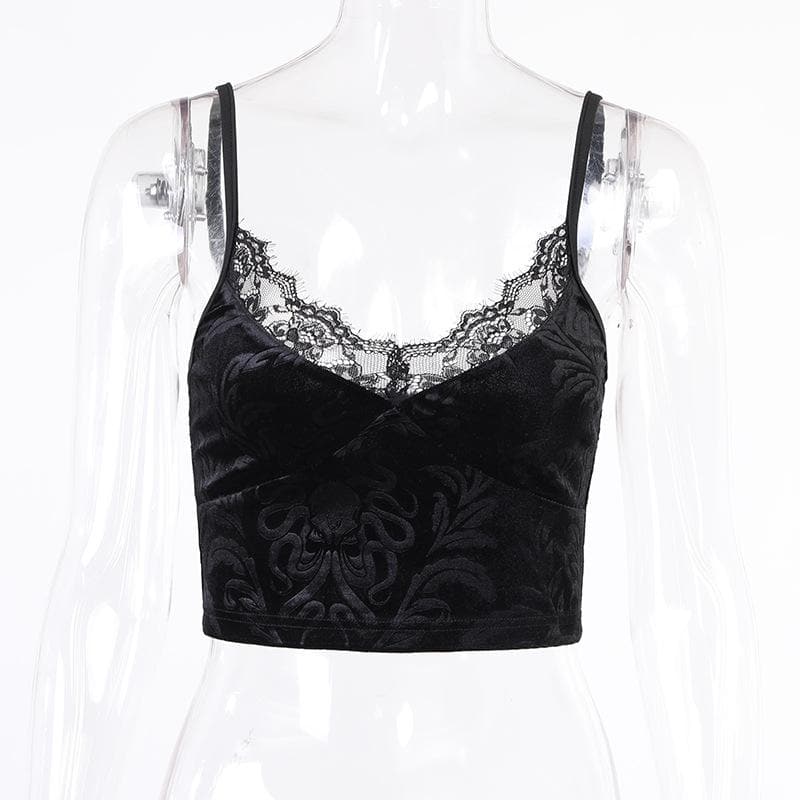 V-Neck Velvet Strappy Cami Top with Lace Details
