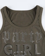 Rhinestone Cropped Tank Top with Lettering Details