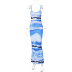 Printed Scoop-Neck Ribbed Maxi Dress with an Open Back