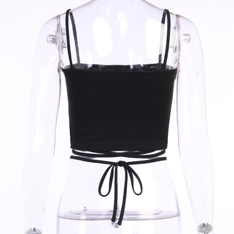 Ribbed Strappy Cropped Cami Top with Embroidery