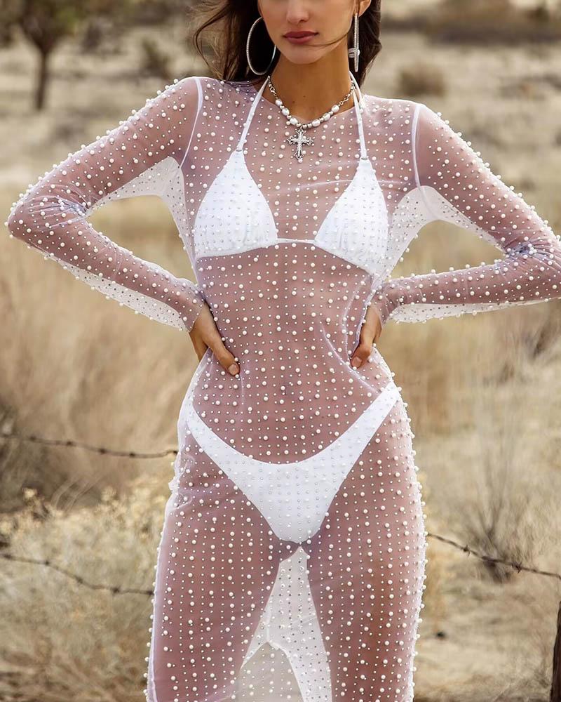 Mesh Sheer Pearl-Detail Dress