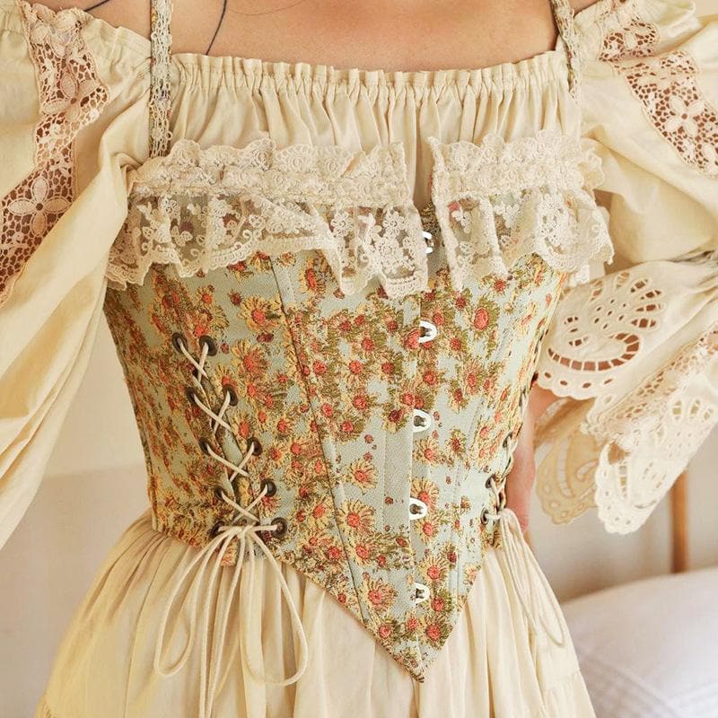 Floral Lace Ruffled Corset Top with Lace-Up Details